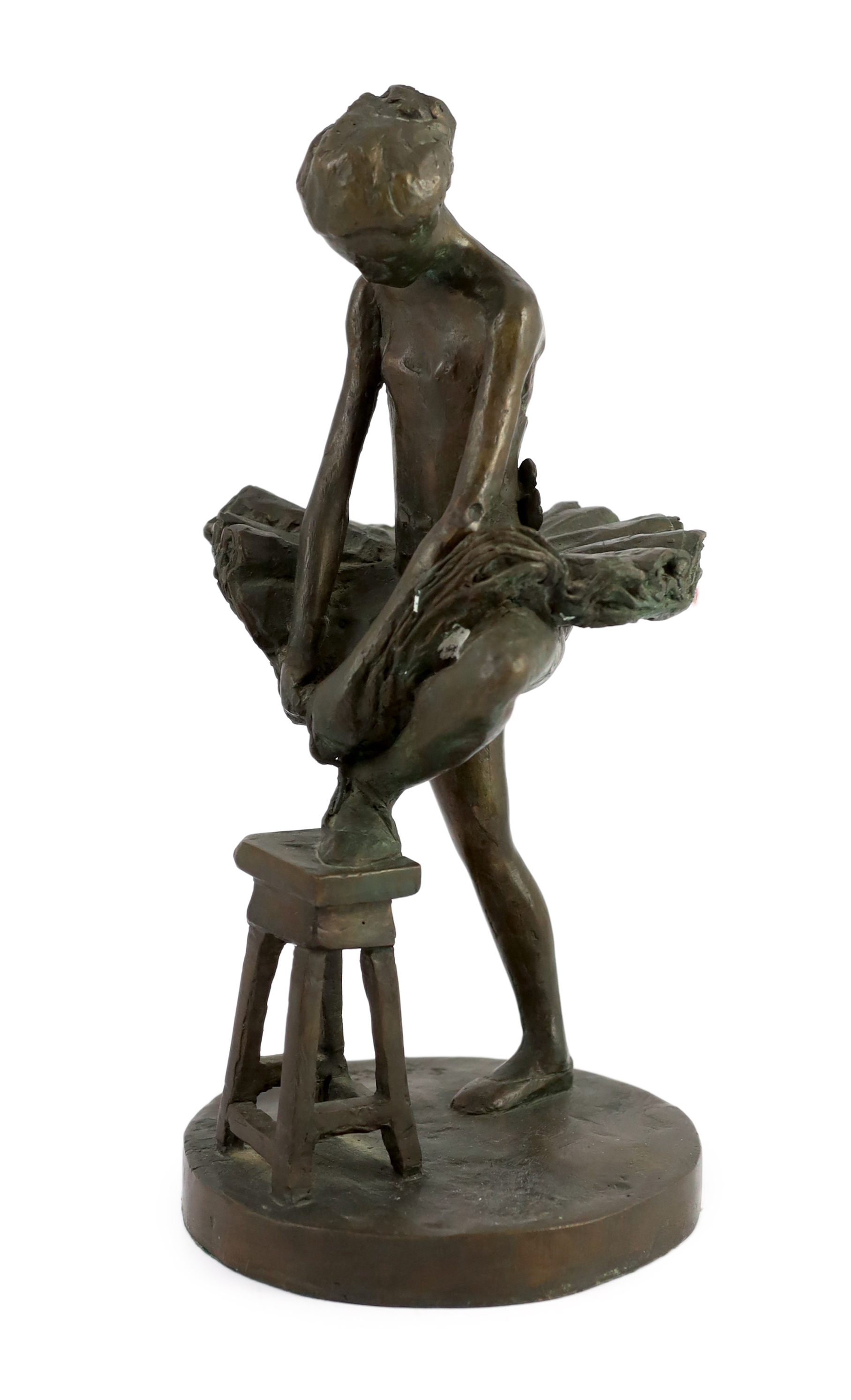 Sidney Beck (SA, b.1936). A limited edition bronze figure of a ballerina tying her shoe, 17cm wide, 36cm high